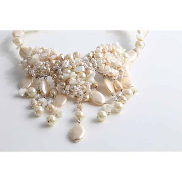 Vintage Ivory Pearl Shell Bohemian Chunky Statement Necklace Layered Beaded - Picture 3 of 15